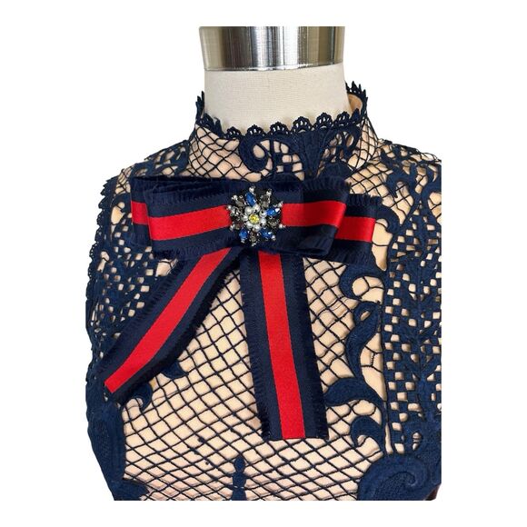 JUST ME Lace Overlay Shift Dress Navy/Nude Sz S - Picture 2 of 7